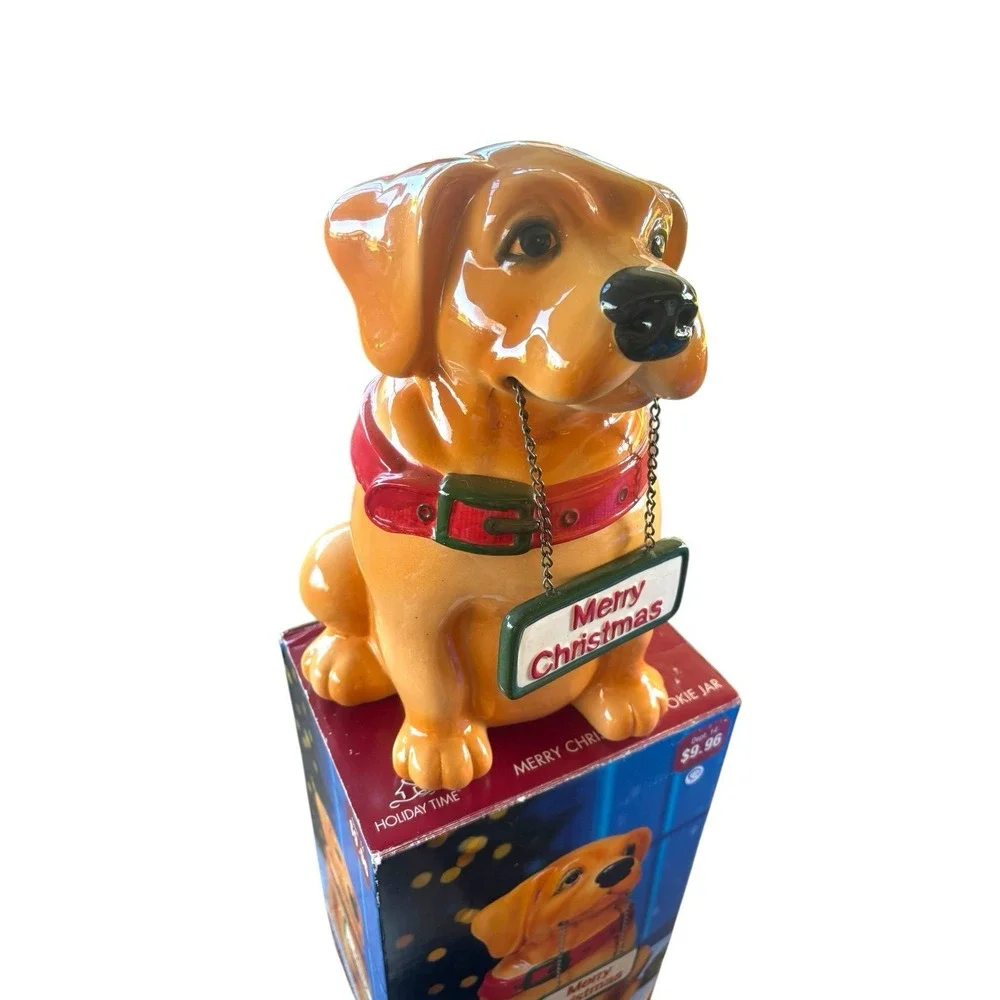 VTG  Yellow Lab Cookie Jar Dog With‎ Hanging Merry Christmas/Welcome Sign